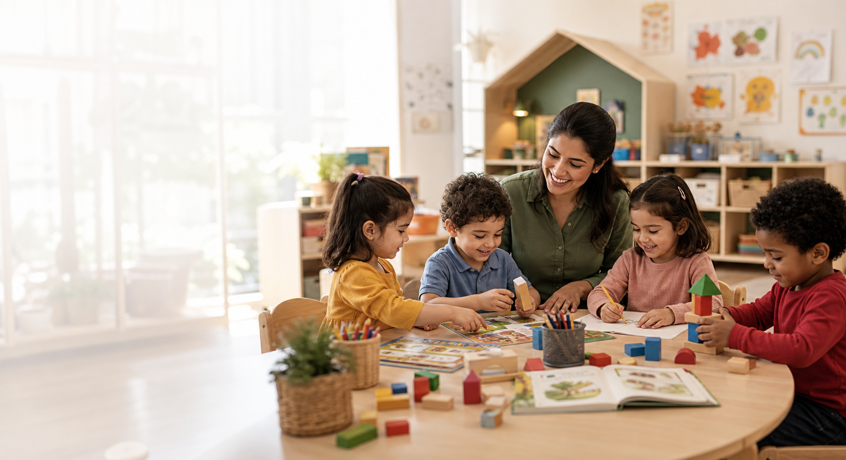Teacher guiding young children in a preschool classroom